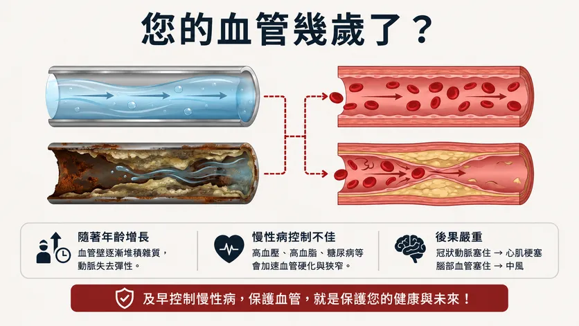 動脈硬化變化示意圖：健康血管內壁光滑、血流順暢；硬化的血管管壁增厚並堆積斑塊，管腔變窄使血流受阻