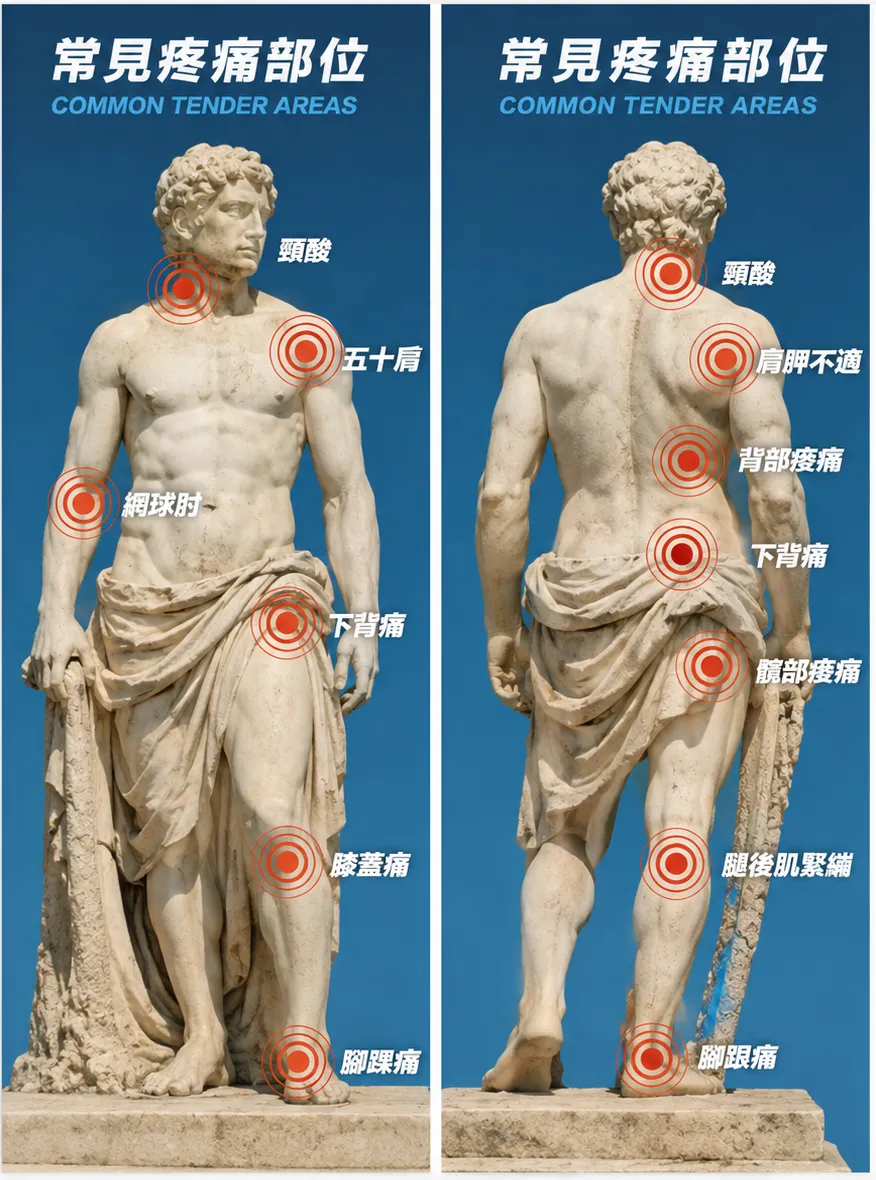 常見疼痛部位示意圖，以人體前面與背面標示頸痠、五十肩、網球肘、下背痛、膝蓋痛、腳踝痛，以及肩胛不適、背部痠痛、髖部痠痛、腿後肌緊繃、腳跟痛