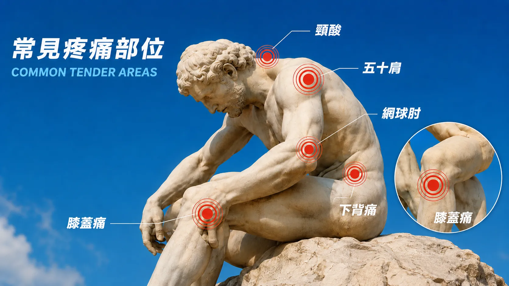 常見疼痛部位示意圖，於沉思者雕像上標示頸酸、五十肩、網球肘、下背痛與膝蓋痛的位置